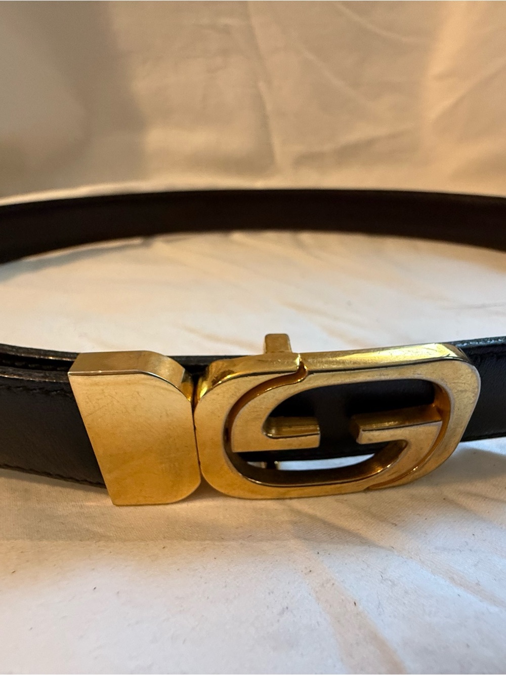 Gucci Black Leather Belt with Gold Interlocking G Buckle-Size 30